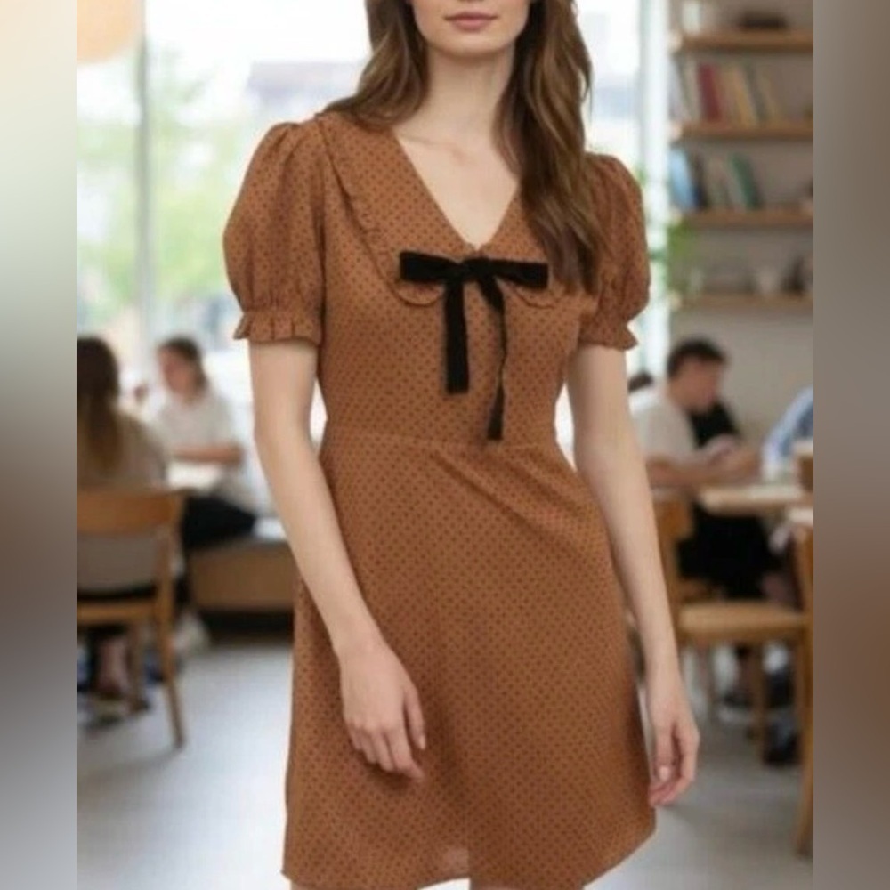 Blu Pepper Brown Polka Dot Velvet Mini Dress Tie Collar Short Sleeve Large